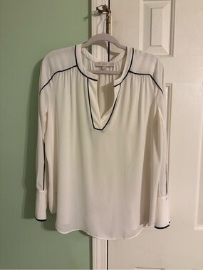 LOFT White Long-Sleeve Blouse with Black Piping